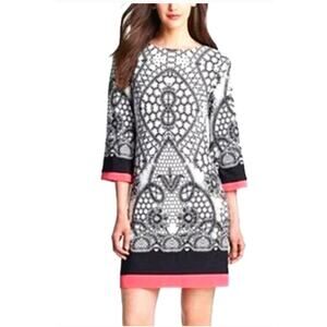 Eliza‎ J Dress Womens Size 14 Long Sleeve Shift Lace Print Contrast Hem Career